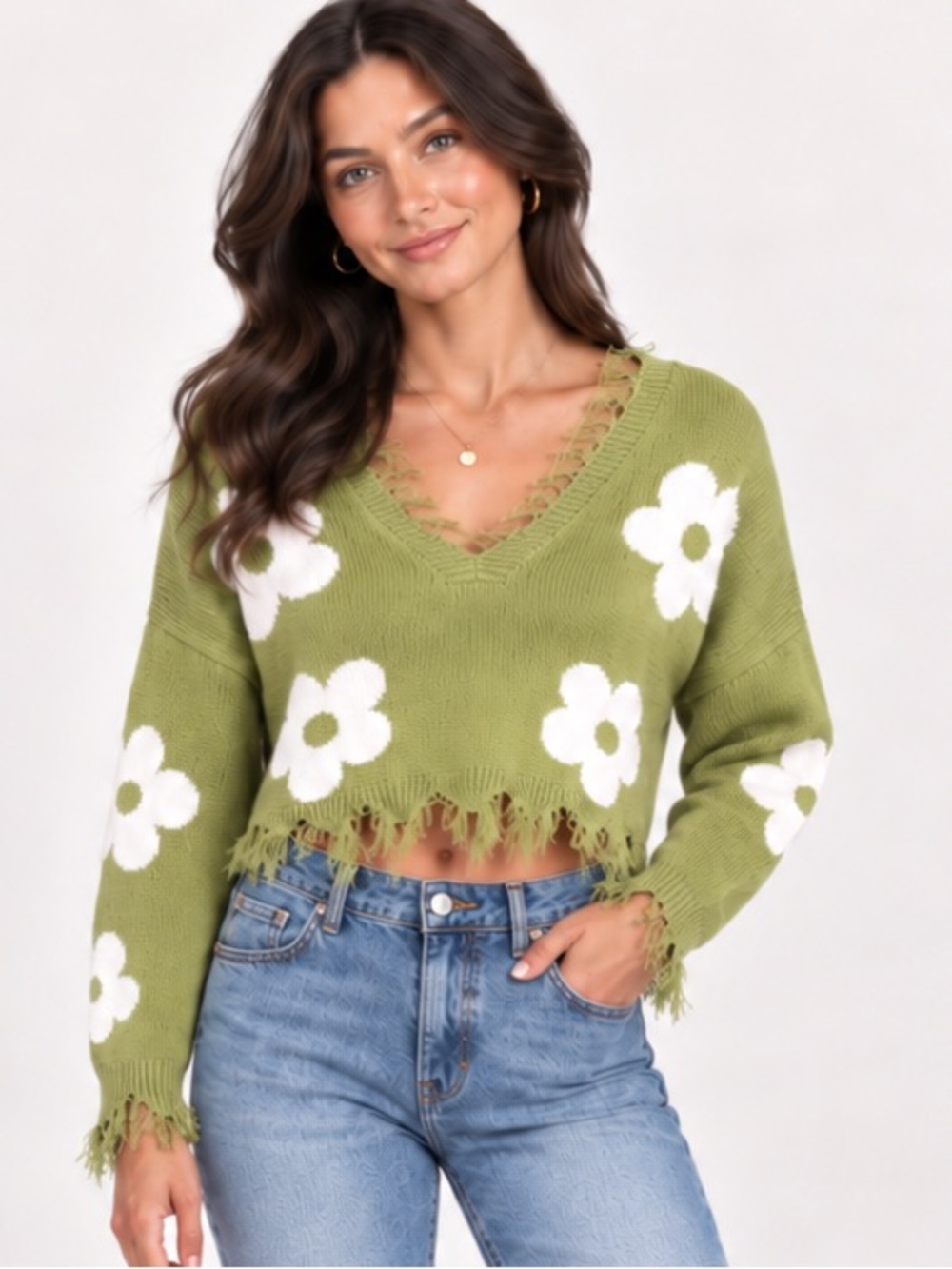 Just Polly New York Womens M Green Daisy Distressed Cropped Sweater Y2K Floral